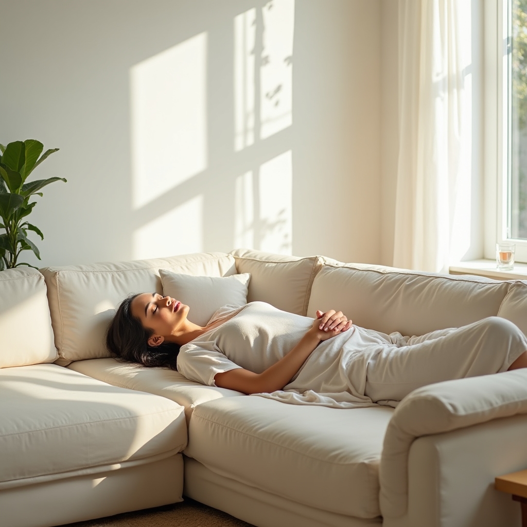 Person resting peacefully in a sunlit room, embodying intentional recovery