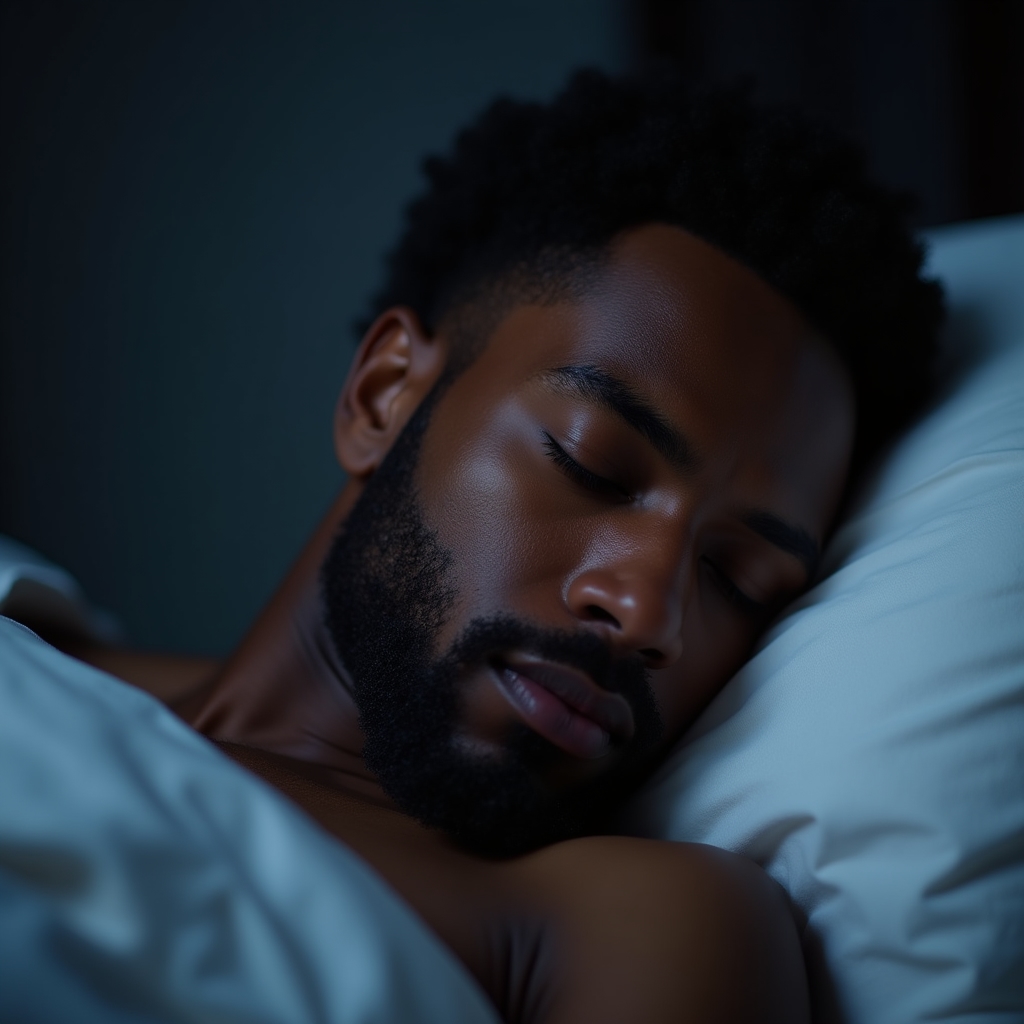 Close-up of a person in deep restful sleep, face serene, soft blue-gray ambient light