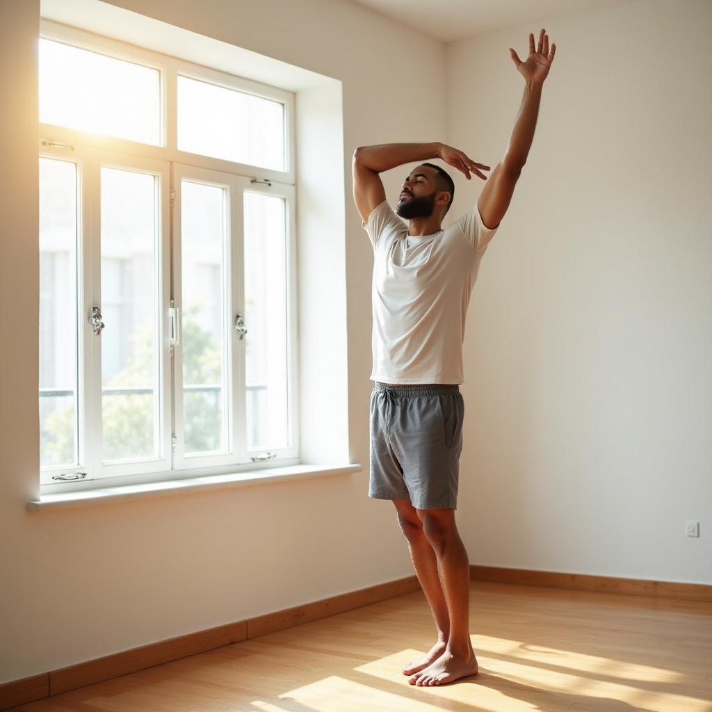 Person performing gentle morning stretch near a bright window, soft natural light, calm focused expression, neutral athletic wear