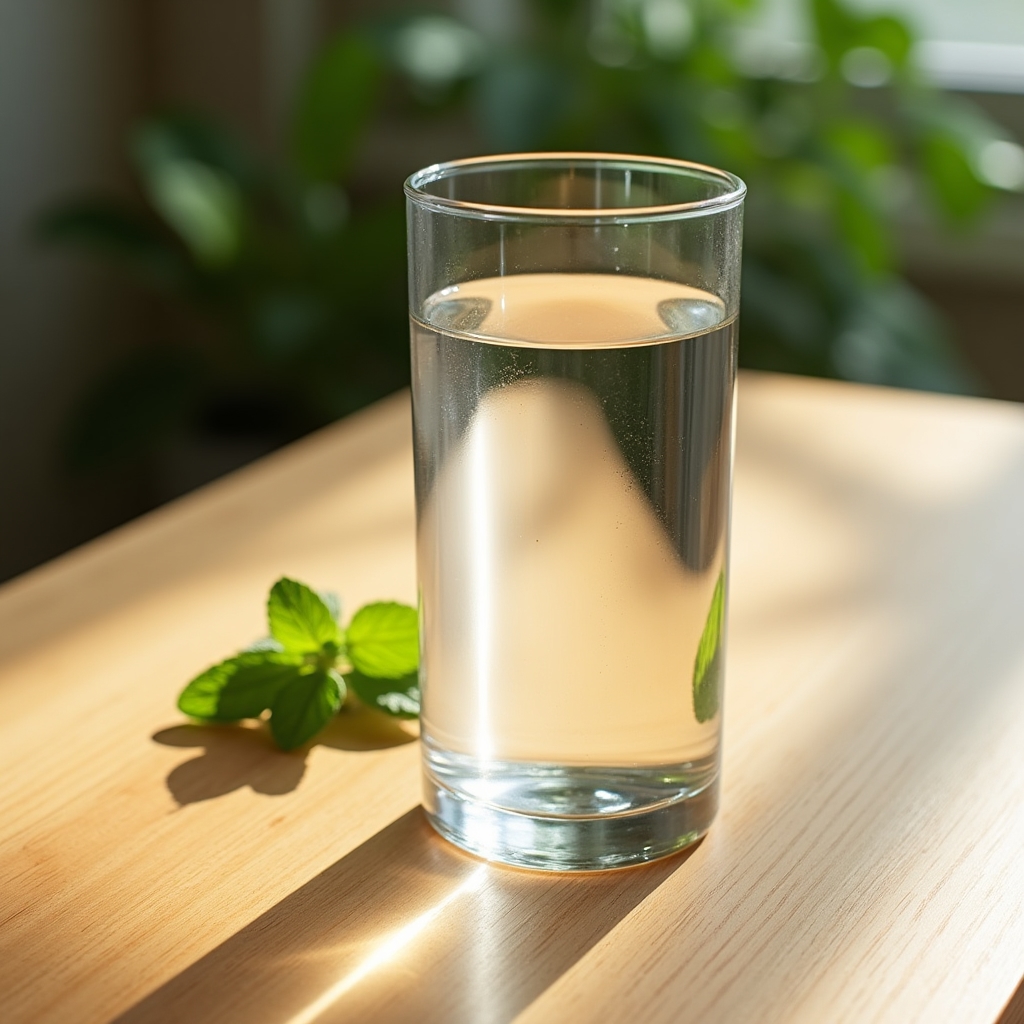Clear glass of water on a natural wooden surface, sunlight refracting through the water, fresh green plant in background
